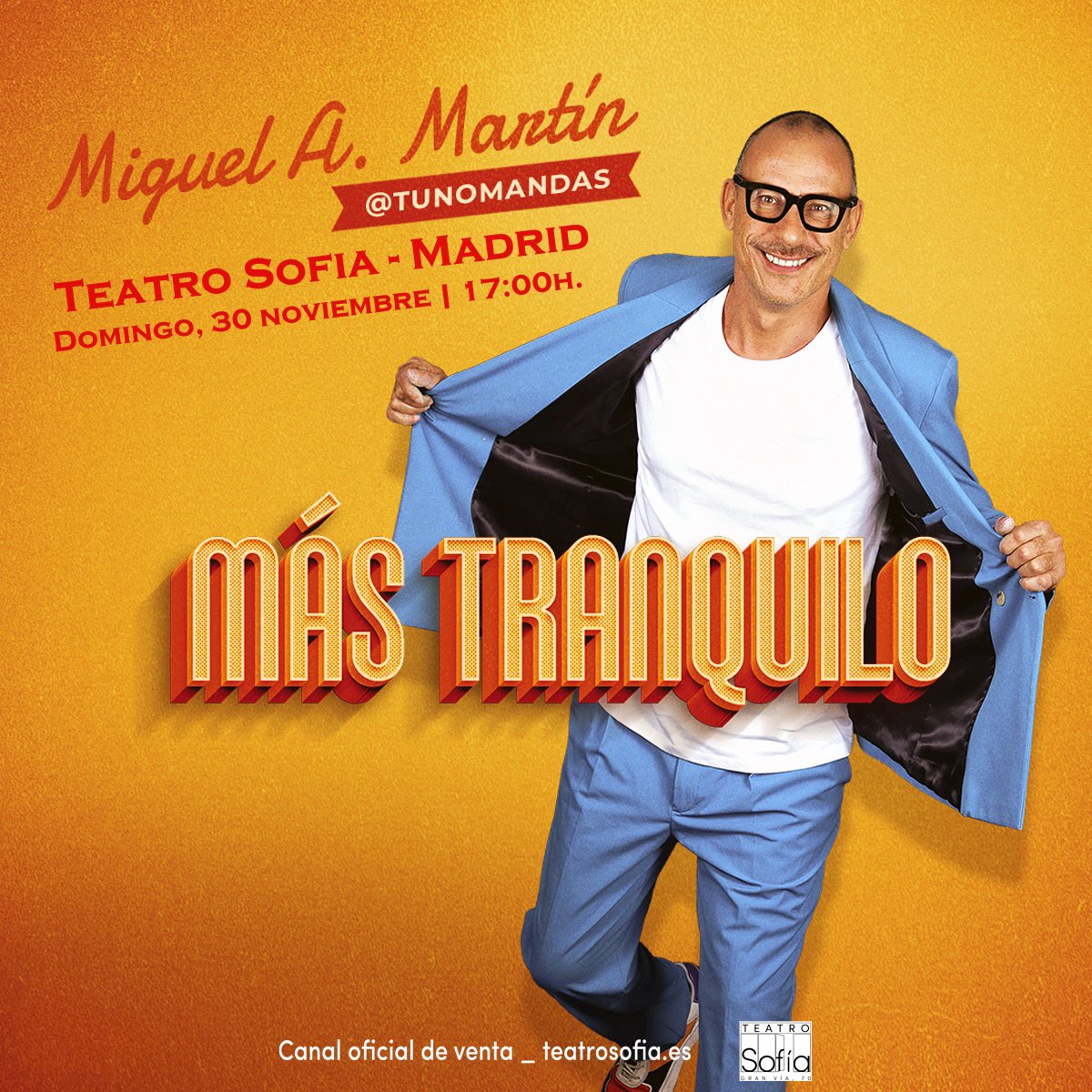Tunomandas's tweet image. Poco se habla de que mi monólogo “MÁS TRANQUILO” llega a la Gran Vía madrileña! 🫣

El prox. domingo 30 de nov., a las 17h echamos una sobremesa de risas! 🤗

En el nuevo Teatro Sofía (antigua Chocita del Loro) y las entradas ya están disponibles en: 

teatrosofia.es