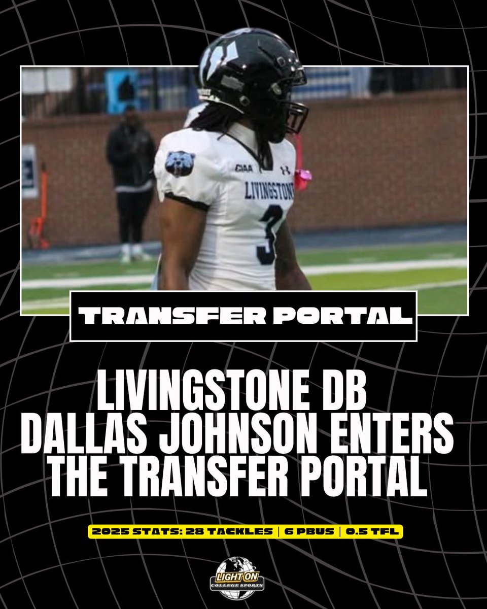 LightOnSports's tweet image. Livingstone DB Dallas Johnson has entered the transfer portal.

He recorded 28 tackles and 6 pass breakups during the 2025 season.

The Orlando, FL native has 2 years of eligibility.

Prior to spending one season with Livingstone, he totaled 35 tackles, 11 pass breakups, 3…