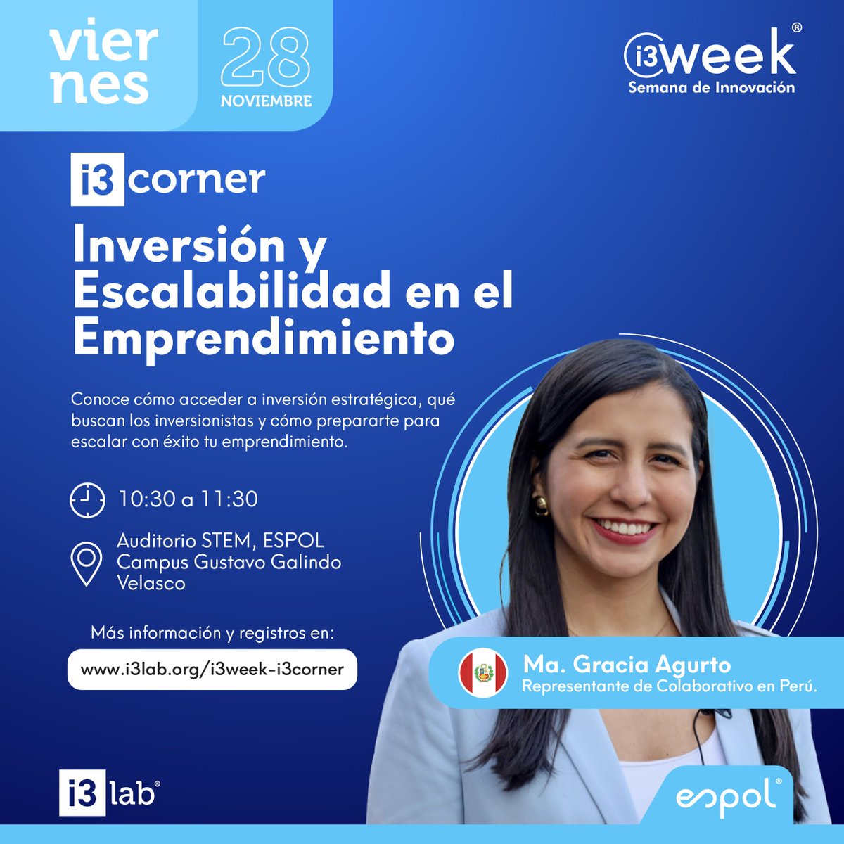i3labespol's tweet image. No te pierdas el próximo i3corner con Ma. Gracia Agurto, destacada inversora en el mundo startup.
Conversaremos sobre inversión, escalabilidad y colaboración internacional en el ecosistema emprendedo.

🗓️ 28 de noviembre | 10:30
📍 Edificio STEM ESPOL
🔗i3lab.org/i3week-i3corner