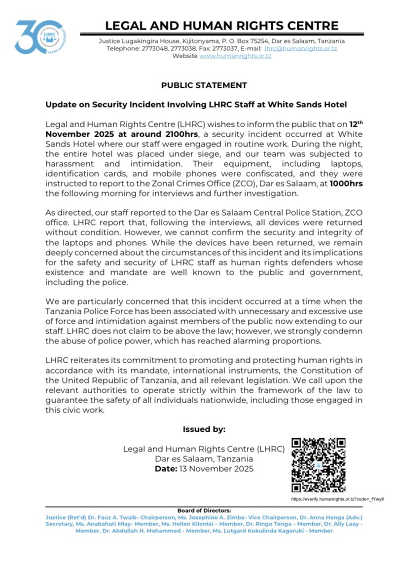 Update on Security Incident Involving #LHRC Staff at White Sands Hotel