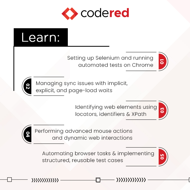 CodeRed_Pro's tweet image. Click less. Test smarter. 🚀
Master Selenium Automation Testing with our free course for beginners. and learn to automate clicks, sync your app, and handle dynamic elements like a pro.
💻 13 expert videos. 2 hours of online learning. No more manual testing!
👉 Start…