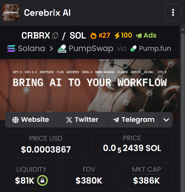 Cerebrix_ai's tweet photo. $CRBRX just entered into top30 on @dexscreener 

More news is coming soon! ⏰

https://t.co/vWU9tV2kaV https://t.co/Ix9HxNwZNL