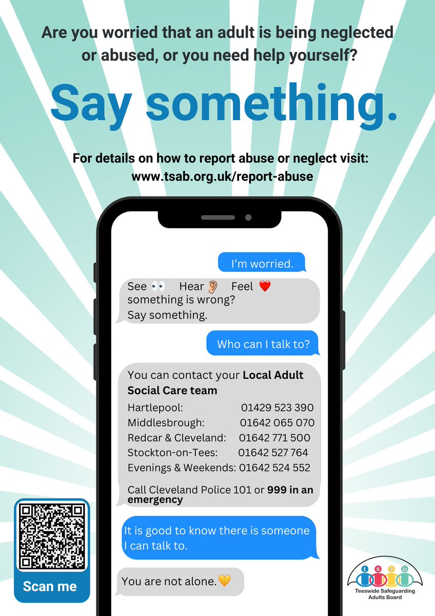 Monday 17th November marks the start of National Safeguarding Adults Week.

If you have concerns for an adult – Say Something

For ways to report abuse, please visit our website tsab.org.uk/report-abuse/