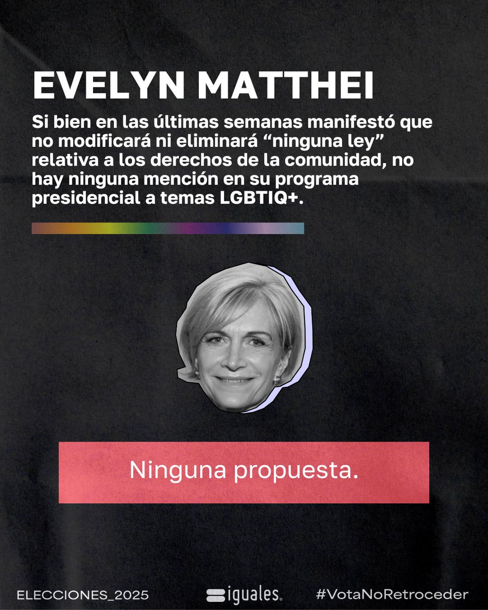 IgualesChile's tweet image. ELECCIONES PRESIDENCIALES 2025 🗳️ #VOTANORETROCEDER

¿QUIÉN INCLUYÓ A LA COMUNIDAD LGBTIQ+ EN SU PROGRAMA?

✅Jeannette Jara: Seis propuestas a favor
⛔José Antonio Kast: Ninguna propuesta
⛔Johannes Kaiser: Tres propuestas en contra
⛔Evelyn Matthei: Ninguna propuesta