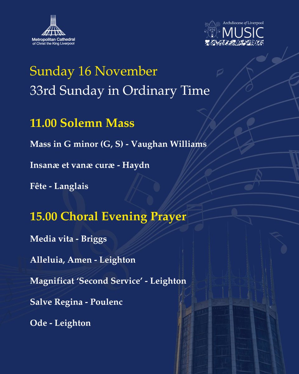 Music today on the 33rd Sunday in Ordinary Time: sung by the Cathedral Choir.

For those unable to join us in person, Solemn Mass will be streamed live on our YouTube channel: youtube.com/@LiverpoolMetC…