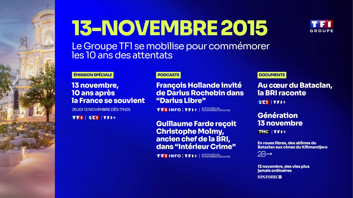 13 Novembre 2015 - 13 Novembre 2025 : le Groupe TF1 se mobilise 🇫🇷

Pour les commémorations des 10 ans des attentats terroristes les plus meurtriers perpétrés en France, le Groupe TF1 met en place un dispositif éditorial exceptionnel, mobilisant l'ensemble de la rédaction de