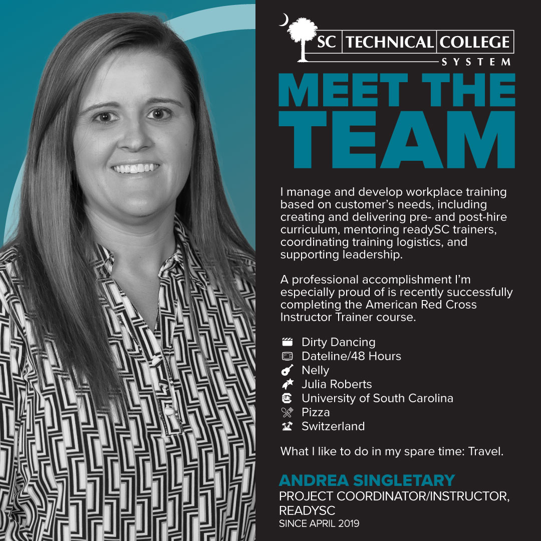SCTechSystem's tweet image. It’s our people who set us apart. Meet the talented team ensuring affordable, accessible, and relevant career and technical education for all South Carolinians!

Presenting readySC Project Coordinator and Instructor, Andrea Singletary.

#MeetTheTeam