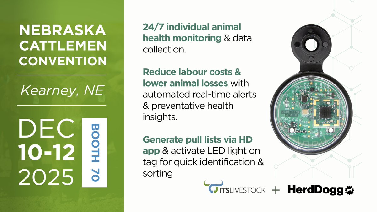 ITSLivestock's tweet image. @HerdDoggHome biometric tags integrate seamlessly with #feedIT to reduce labour &amp;amp; lower input costs 📊

Visit us in Booth # 70 @NECattlemen Convention &amp;amp; see how easy it is to start tracking cattle health &amp;amp; performance from one digital platform. 

📅 Dec 10-12, 2025
📍 Kearney, NE