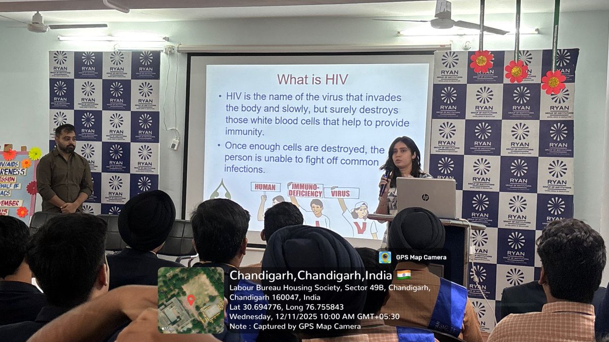 NSSRyanChd's tweet photo. NSS 7-Day Special Camp | Day 3 (12/11/2025)
A session on HIV/AIDS Awareness was led by Ms. Faarika Mehta, Ms. Nandini Thakur &amp; Mr. Sahil Sandhu from CSACS. Volunteers learned about causes, prevention &amp; empathy—pledging to spread awareness in their communities. https://t.co/cIBjokiZnx
