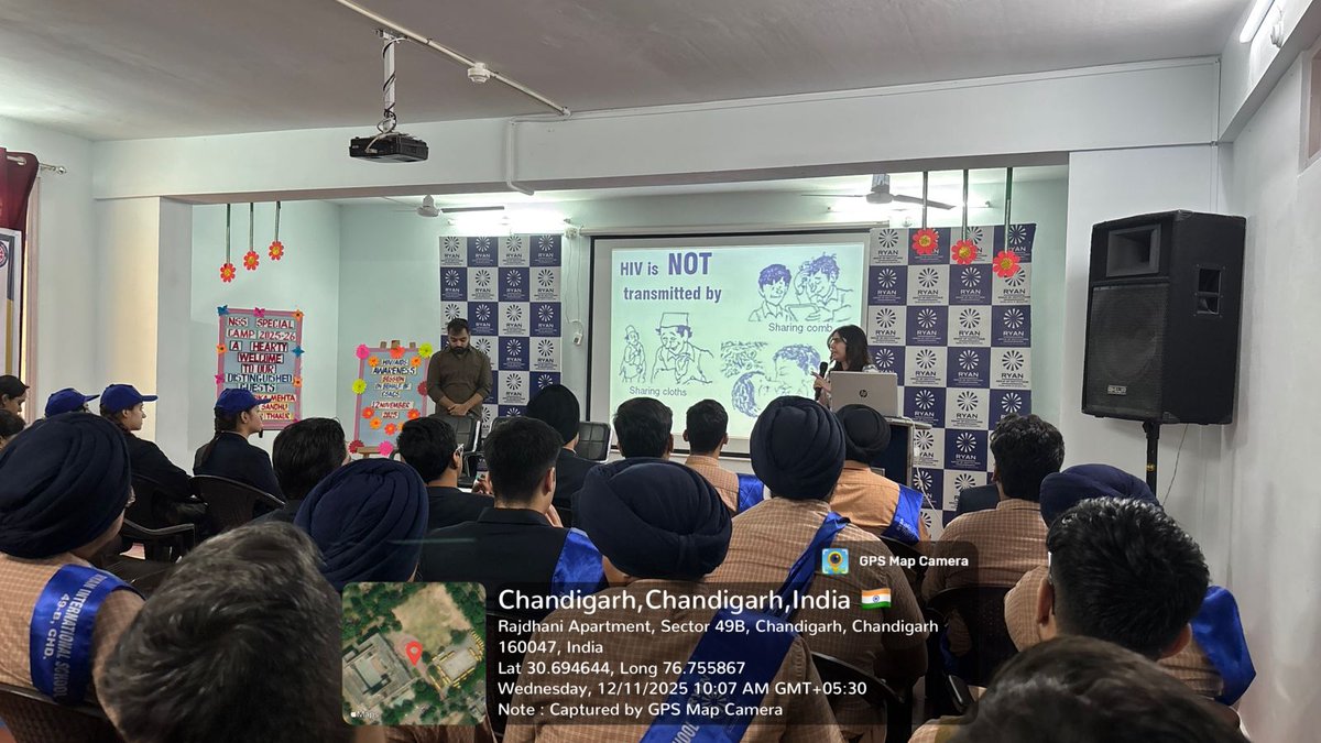NSSRyanChd's tweet photo. NSS 7-Day Special Camp | Day 3 (12/11/2025)
A session on HIV/AIDS Awareness was led by Ms. Faarika Mehta, Ms. Nandini Thakur &amp; Mr. Sahil Sandhu from CSACS. Volunteers learned about causes, prevention &amp; empathy—pledging to spread awareness in their communities. https://t.co/cIBjokiZnx