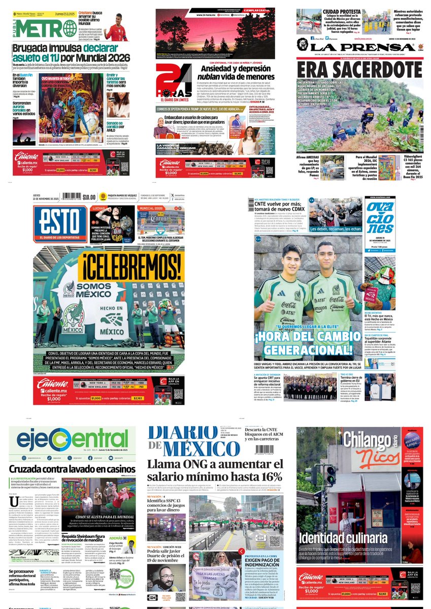 castroclemente's tweet image. Van #PrimerasPlanas 
#Portadas 
- Casinos &quot;lavan&quot; con amas de casa y jubilados 
- Sheinbaum: debatir tiempos para partidos 

Hay #monos q&apos; se pintan solos 
TT: Ricardo Salinas Pliego Nvidia #CNTE Palacio Nacional  #Oaxaca Zócalo Generación Z 

#TromposyPirinolas
#FelizJueves