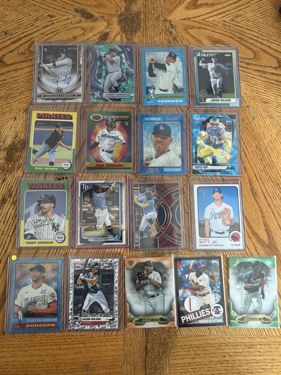 Oswaldo/199
Jdom/199,Blue Speckle
Wilson Mojo
Freddie Blue Speckle
Kupp/99
Grish/699
Caminero Chrome and /149
Kershaw Blue Speckle
Wilson All Star
Mo/199
Cutch/199
Acuna/275