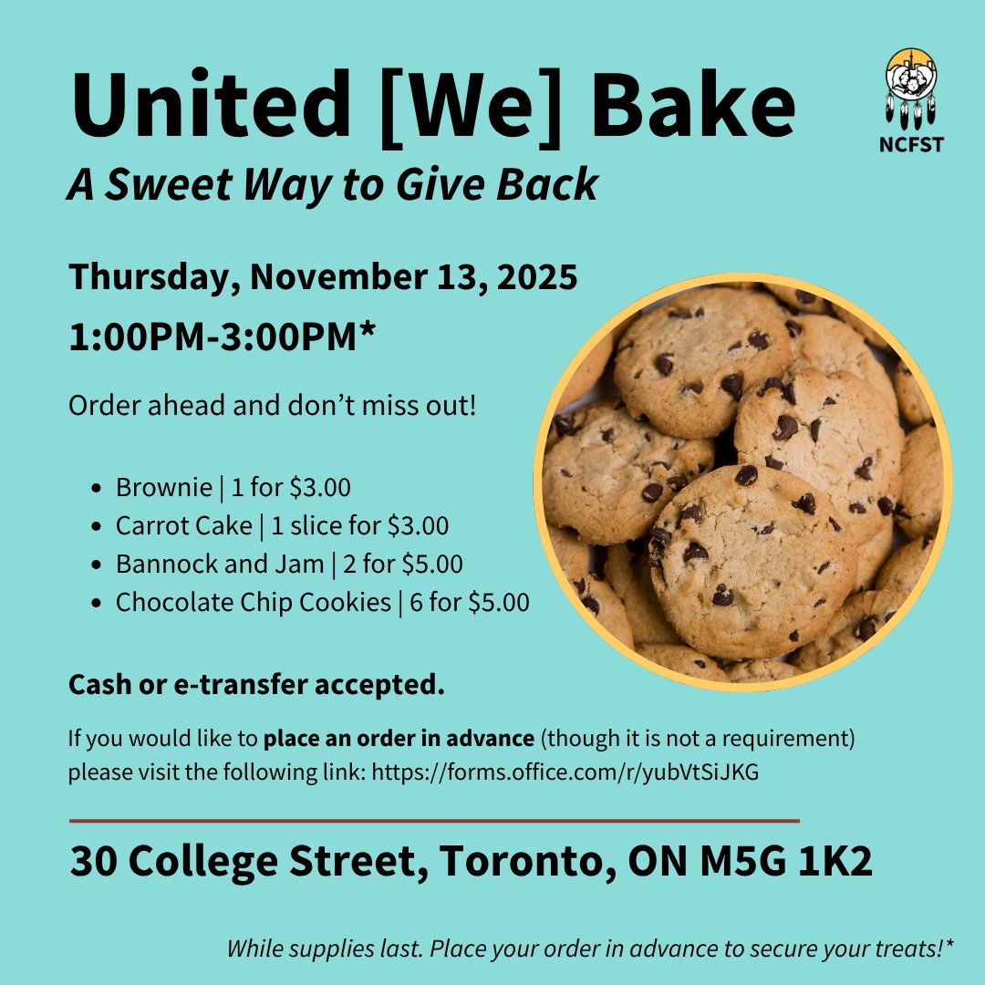 Enjoy homemade treats while helping strengthen our community.

Advanced orders are now closed, but drop-in purchases are welcome - come visit us today between 1:00PM-3:00PM to pick up your treats! Every purchase makes a difference.

@nativechildoftoronto