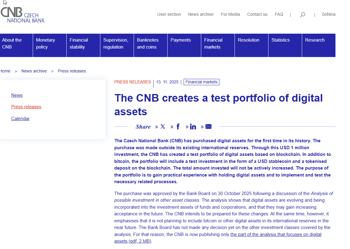 🚨 Czech Central Bank buys $1M of Bitcoin and stablecoins in Test Fund.  Nearly a year after announcing an official study, @MICHLiq_ has pulled the  trigger on purchase via a regulated exchange.