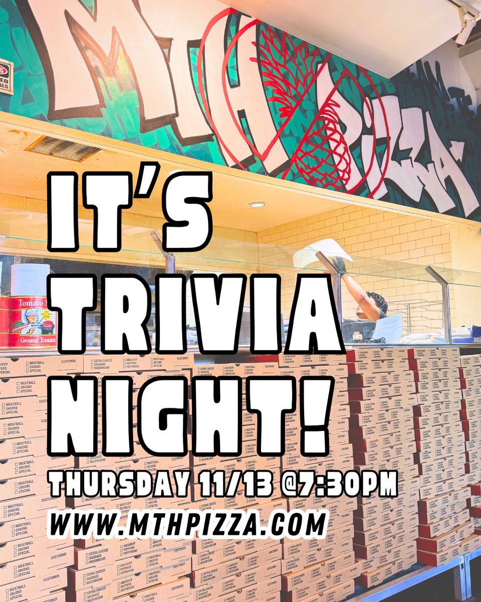 mthpizza's tweet photo. Dig into some of #SmyrnaGA's yummiest #pizza (and more!) and put your heads together at #TriviaThursday. ππ
From funky to familiar, find your flavor and dig into some #friendlycompetition.
Play starts at 7:30PM!
#CurrentMenu https://t.co/JEmwZYuNga
#teamtrivia #localdining https://t.co/KdWkcQCeY5