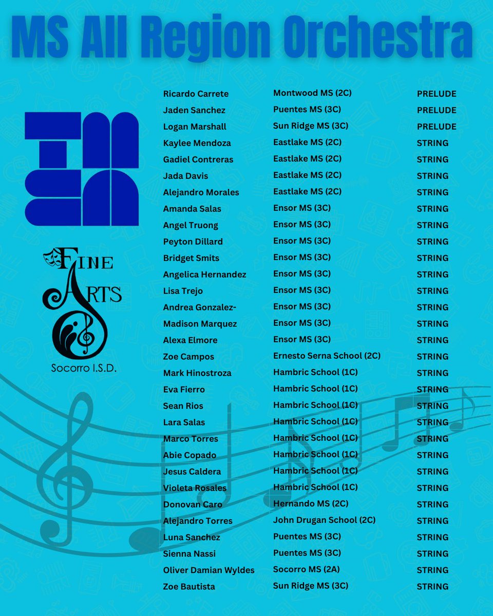 SISD_FineArts's tweet image. Congratulations to our #TeamSISD MS Orchestra students who made the All Region Orchestras and will perform in December with the best from across the region! #SISDFineArts