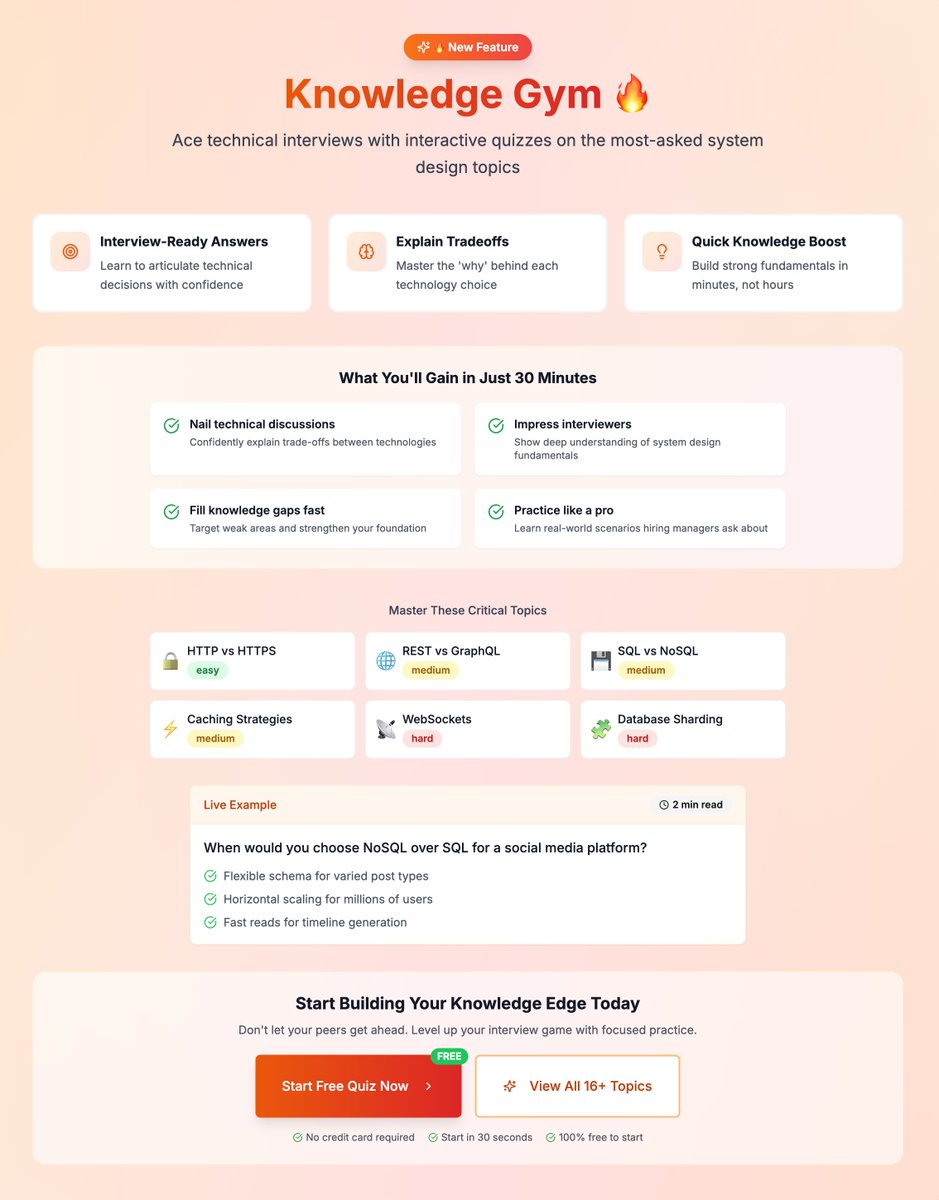 desicoder_'s tweet image. 🔥 Introducing Knowledge Gym 💪🏻 on mockingly.ai

- Learn about concepts for system design interview
- https vs http, REST vs GraphQL vs WebSockets
- Learn to explain your decisions
- Get deep understanding so you can talk about tradeoffs 🔥

Everything you need to ace…