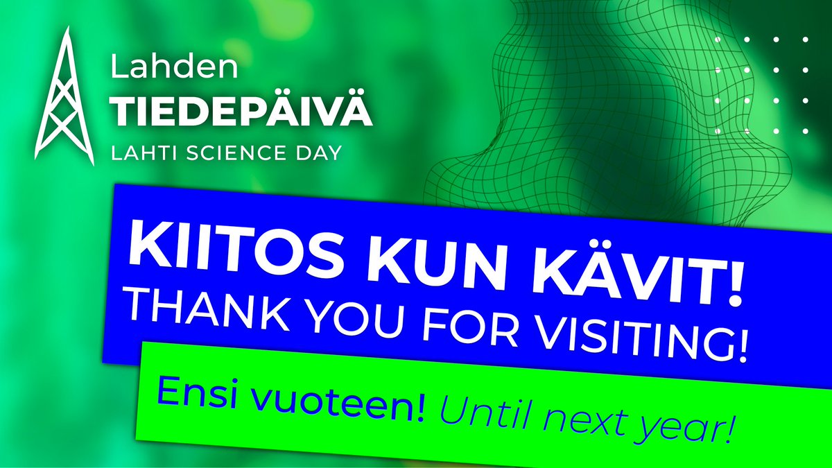 Kiitokset kaikille: kävijöille, puhujille, posterien tekijöille ja työryhmälle! 
Thank you to everyone: visitors, speakers, poster creators, and the team!

 #LahdenTiedepäivä #Tieteentekijät #LahtiScienceDay