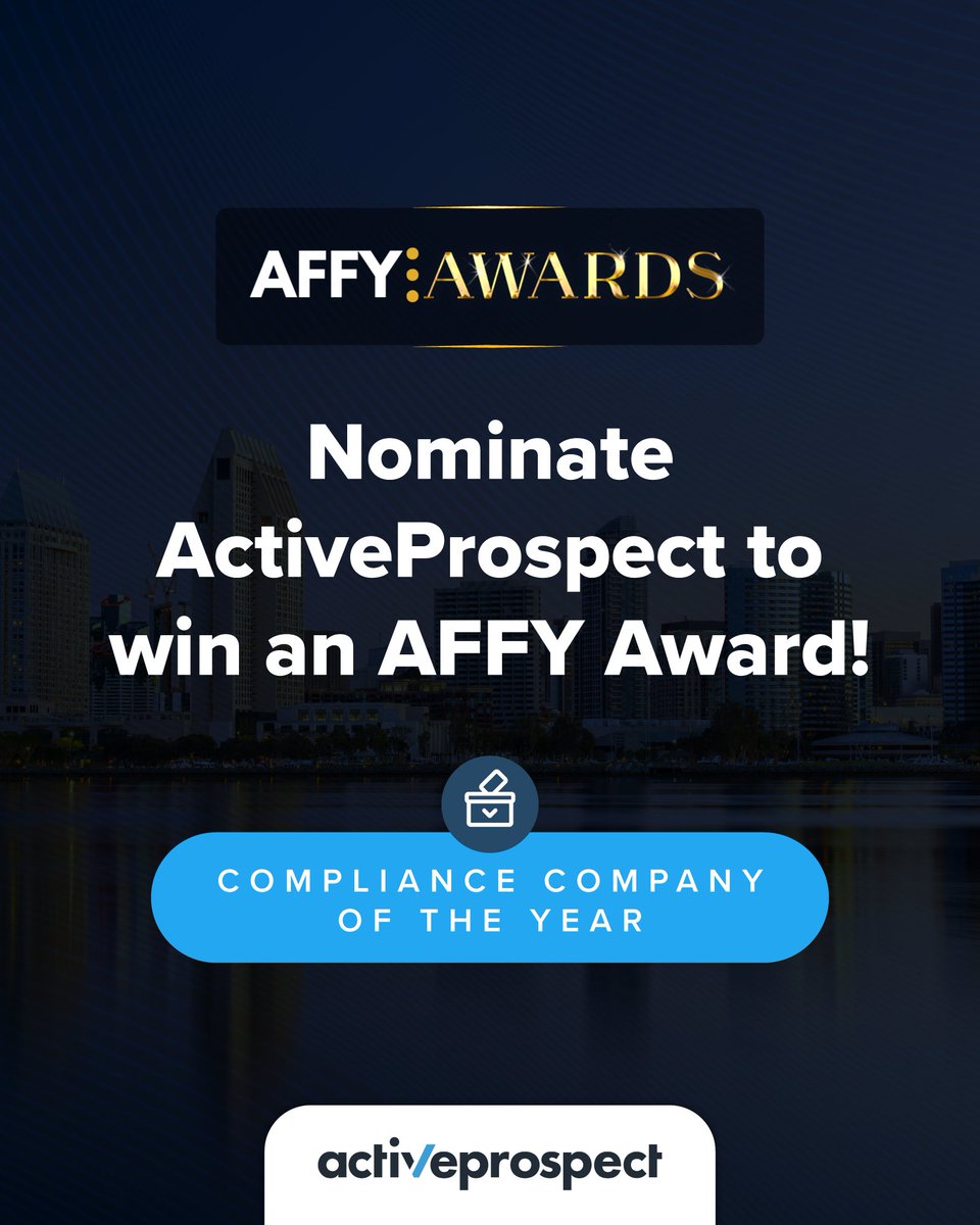activeprospect's tweet image. ActiveProspect is honored to be a finalist for Compliance Company of the Year at the AFFY Awards, taking place at Lead Gen World 2026! 🏆 If we’ve made your life easier this year, we’d be honored to have your vote. ✅

🗳️ Voting is still open: bit.ly/4oW2XR7