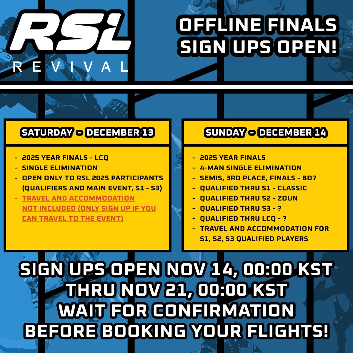 ReviveSC2's tweet image. Sign-ups for the Last Chance Qualifiers taking place on Day 1 of our Offline Finals are LIVE! Check the reply below with the link to sign up! 

You must have played in any RSL event this year (including qualifiers) and be able to travel to the studio to sign up.

👇LINK BELOW👇