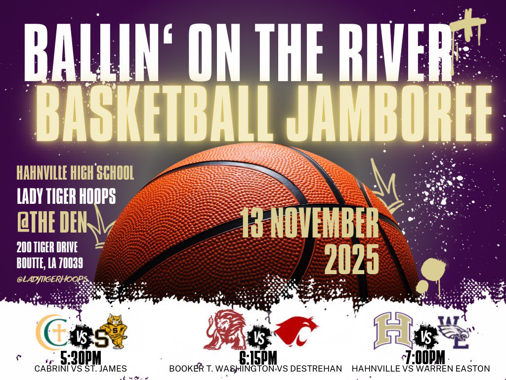 JAMBOREE 🏀🐅

📆 Thursday, November 13
⌚️ 5:30 PM start
📍 Hahnville High School
🎟️ gofan.co/event/5325694?…
🎒 NO bags larger than 6”x4” except for clear bags no larger than 12”x12” - see full safety protocols at hahnville.wearescpps.org/athletics/safe…