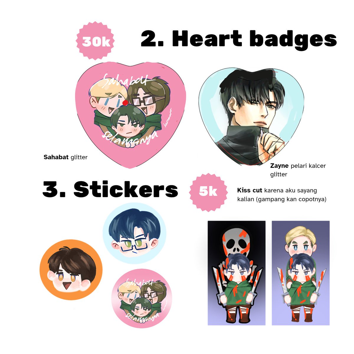 kaorumato's tweet photo. KAORUMATO #CF21 OTS Catalog (dm for reservations) 
graphic design is my passion

(Aku cinta kalian kalau🔄❤ ) 

📍Booth P53-B STELLAR SOUVENIRS

🥀 Love and deepspace (Zayne Caleb focus), Attack on Titan (Erurihan, eruri).

#CF21 #cf21catalogue #CFXXICatalogue https://t.co/JWN22afOuo