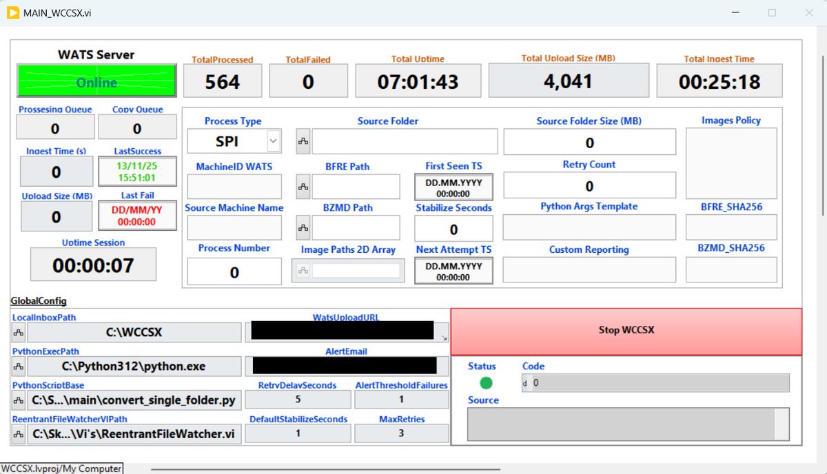 Viaslavdem's tweet image. Built a config-driven automation system in LabVIEW 2025 (64-bit) for my Master&apos;s Project at USN🎓

Scalable file watchers + Python processors
3-loop architecture with queue-based processing
Converts AOI/SPI data → WSJF format
Auto-retry &amp;amp; SMTP alerts
#LabVIEW #Python #Automation