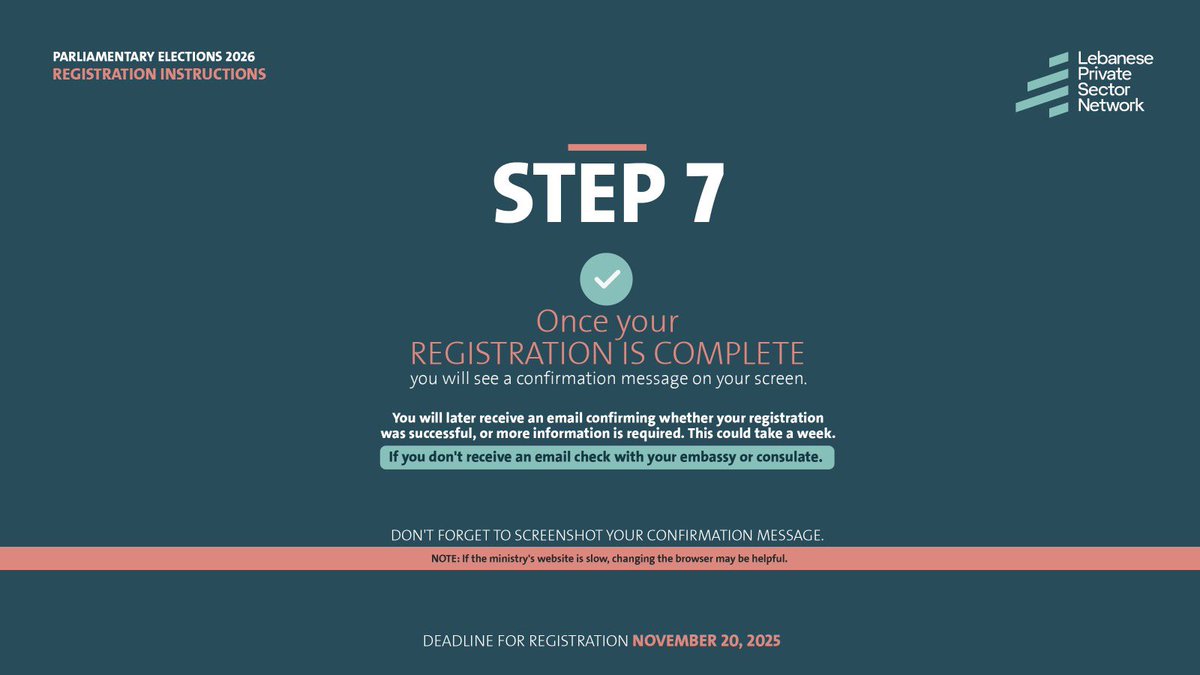 To every Lebanese abroad: your vote matters
Registration closes on November 20 , don’t wait
Let’s stand up for Lebanon
👉 diasporavote.mfa.gov.lb 

لكل لبناني عايش برا: صوتك بيغيّر
التسجيل بيخلص بـ٢٠ تشرين التاني 
سجّل، ما تأجّل

👉🏻diasporavote.mfa.gov.lb
#diaspora