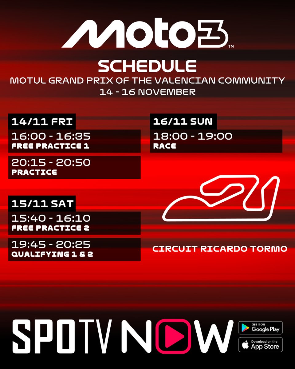 #MotoGP™ - The final round of MotoGP 2025 is here! Don’t miss the season finale at the Valencia GP, live and exclusive on SPOTV NOW from 14–16 November.

Watch #ValenciaGP live on #SPOTVNOW
Subscribe Motorsports pack for your front-row access to #MotoGP and many more!