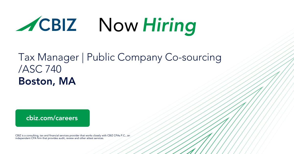 Opportunity in Boston! 📢 <a href="/cbz/">CBIZ</a> is hiring a Tax Manager to join our team in a specialized Public Company Co-sourcing and ASC 740 role.

Come join a team that values growth and innovation ➡️ okt.to/kFmKAI

#AccountingJobs #Hiring