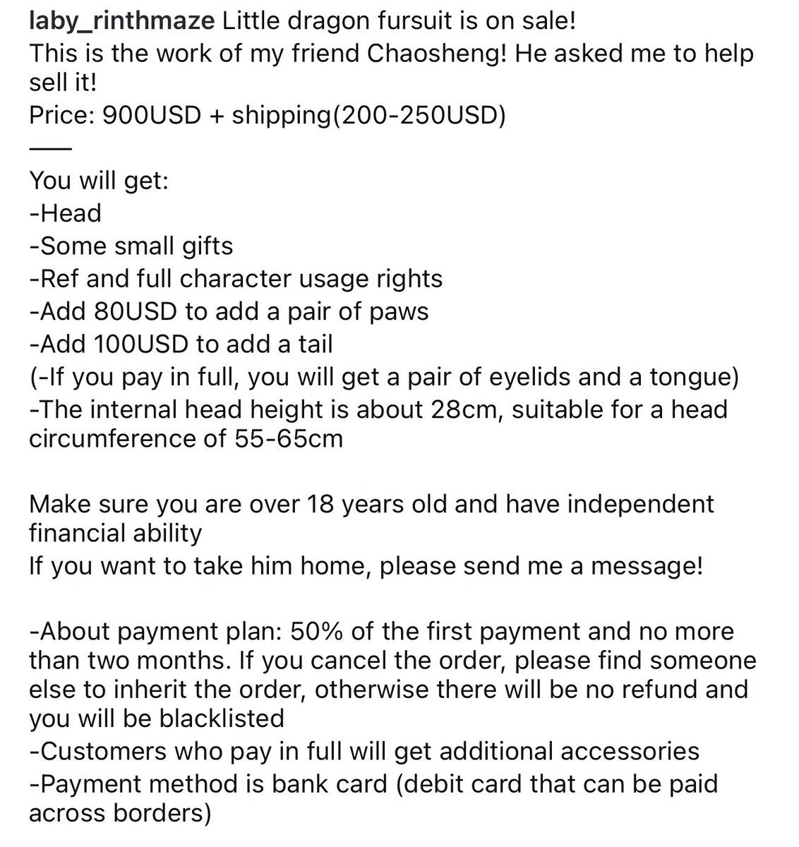 mjn09369549's tweet image. Little dragon fursuit is on sale!
This is the work of my friend Chaosheng! He asked me to help sell it!
Price: 900USD + shipping(200-250USD)
——

More details in the last picture! If you are interested, welcome to dm me!

#furry #fursuit