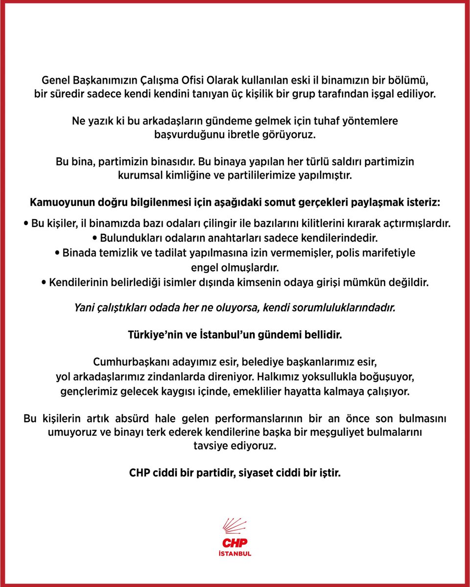 Bu bina, partimizin binasıdır. Bu binaya yapılan saldırı partimizin kurumsal kimliğine ve partililerimize yapılmıştır.
<a href="/ozgurcelikchp/">Özgür Çelik</a> 
<a href="/CHP_istanbulil/">CHP İstanbul İl Başkanlığı</a>