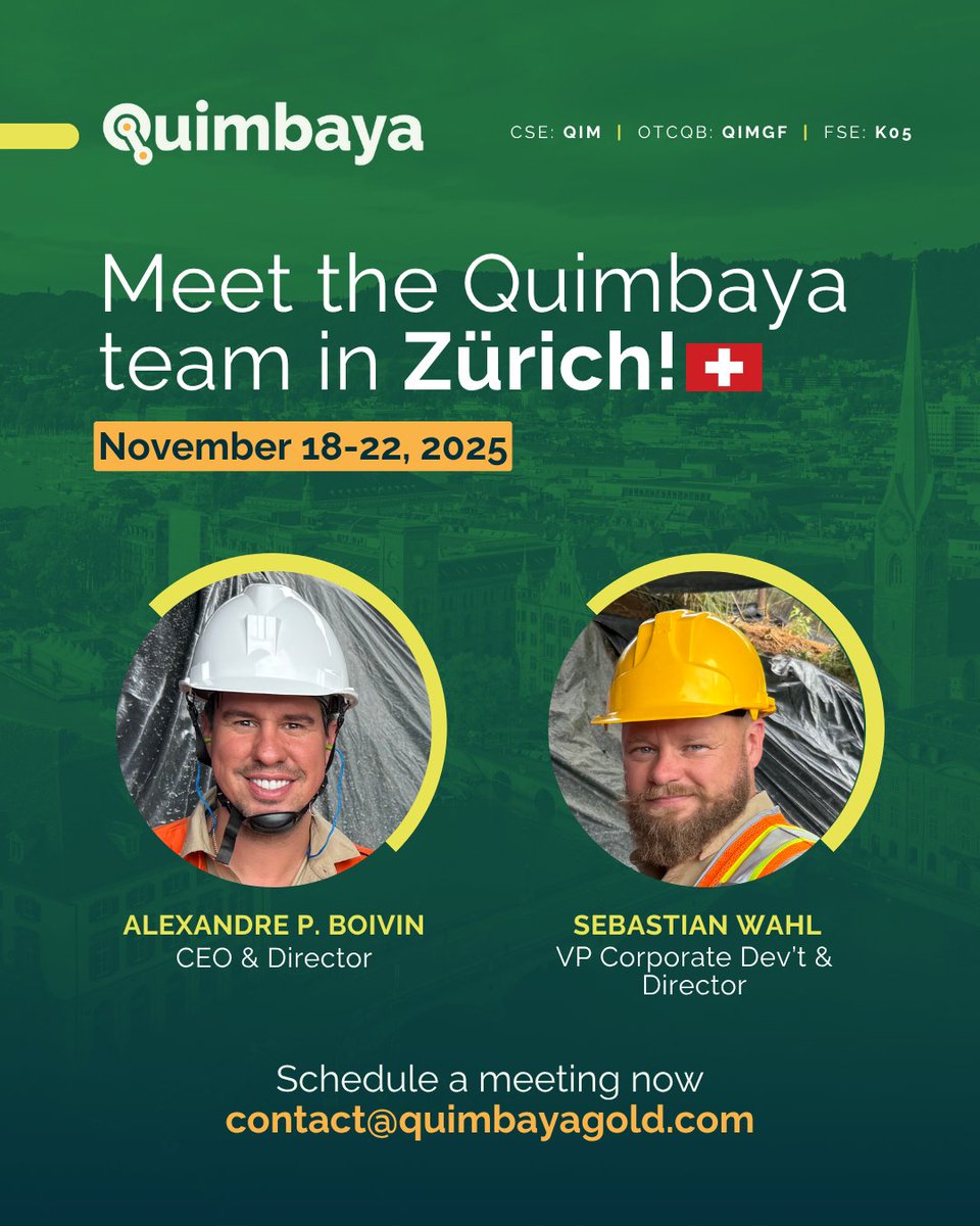 Heading to Zurich for the Swiss Mining Institute (Nov 20-21)!

Our CEO, Alexandre Boivin, and VP Corp Dev, Sebastian Wahl, will be in town (Nov 18-22) for 1-on-1 meetings.

With two drill rigs turning and our recent discovery, it's the perfect time to connect.

To schedule a