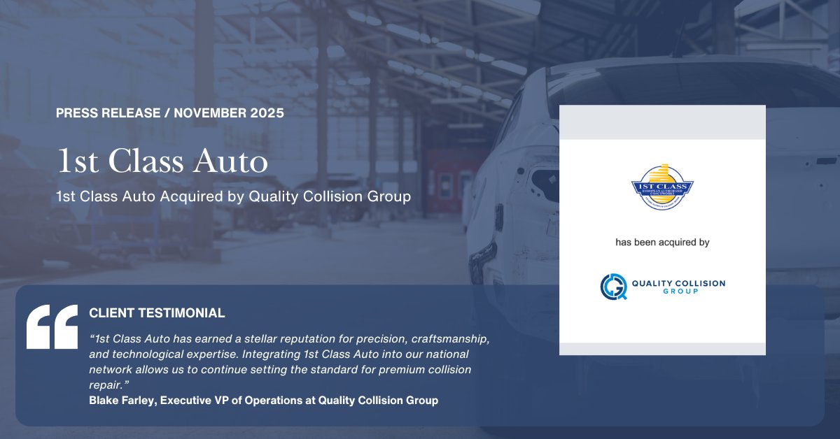 automnaguys's tweet image. FOCUS Investment Banking Advises 1st Class Auto on Sale to Quality Collision Group

We are proud to have served as the exclusive financial advisor to 1st Class Auto in its sale to Quality Collision Group (QCG), marking QCG’s expansion into Florida as its 13th state.

Based in…