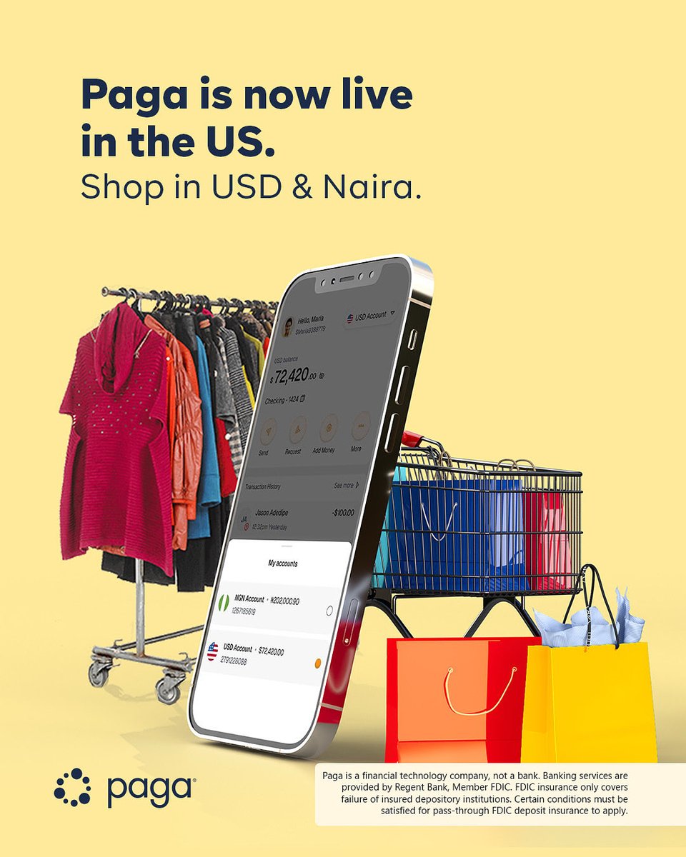 Shopping in the US but your Naira cards are declining? 😥
We see you. Get the Paga US Account.
It comes with a card that works everywhere Visa is accepted. Shop online and in-store with no payment declines.

Ready to shop with ease?
Get the Paga app now: