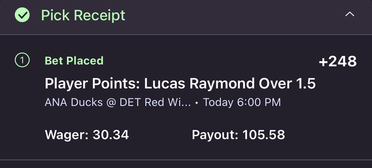 WheezerLocks's tweet photo. Plus Money Prop!🚀

Raymond o1.5Pts (+248)

Raymond on the top line with Debrincat and Larkin also on the top power play with Larkin!! He’s over this line 3/5 H2H and will be at home today! The ducks on the road rank 26th in GA and 27th in Pts!! Mrazek is the expected goalie who has a 4.57GAA!!! 

Chart @yourlinemate 📈📊

#LGRW #FlyTogether #NHL #gamblingX #PlayerProps