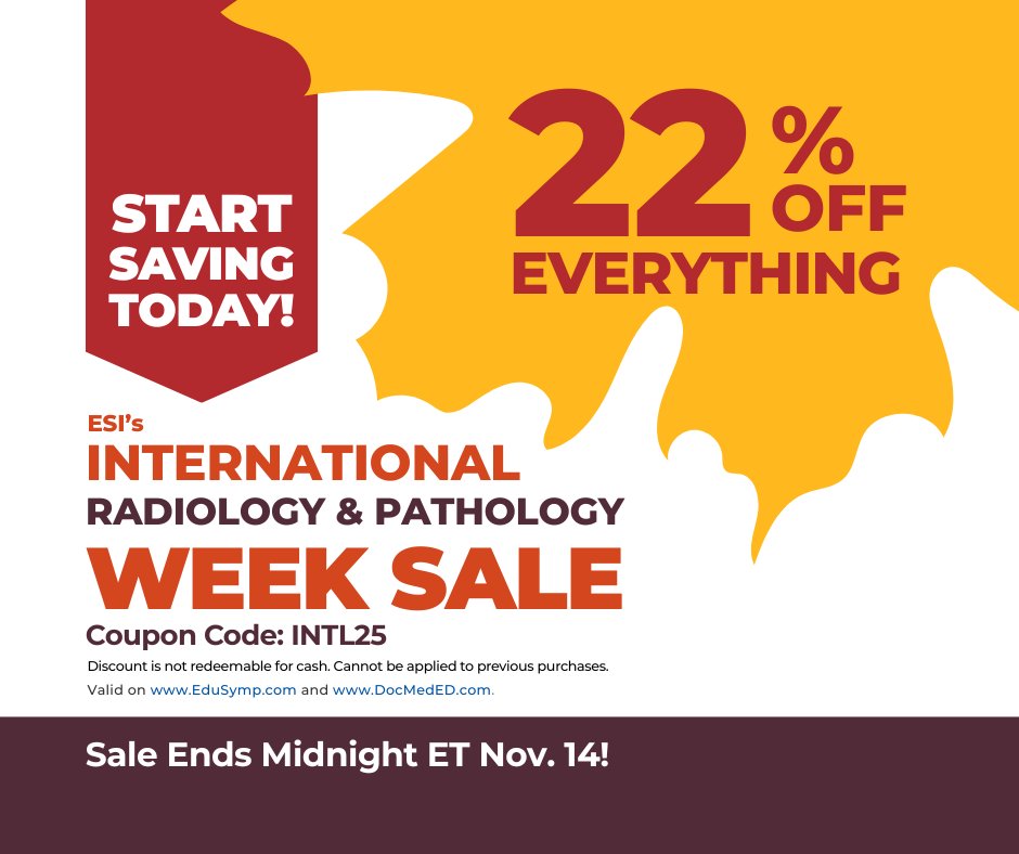 Edusymp's tweet image. They see what others can’t and help patients see a brighter future. 💙

Celebrate ESI’s International Radiology &amp;amp; Pathology Week!
Enjoy 22% off sitewide CME products.

Use Code: INTL25
Sale ends tomorrow at 11:59 PM ET.

tinyurl.com/et97ptuk

#CelebrateRadiologists…