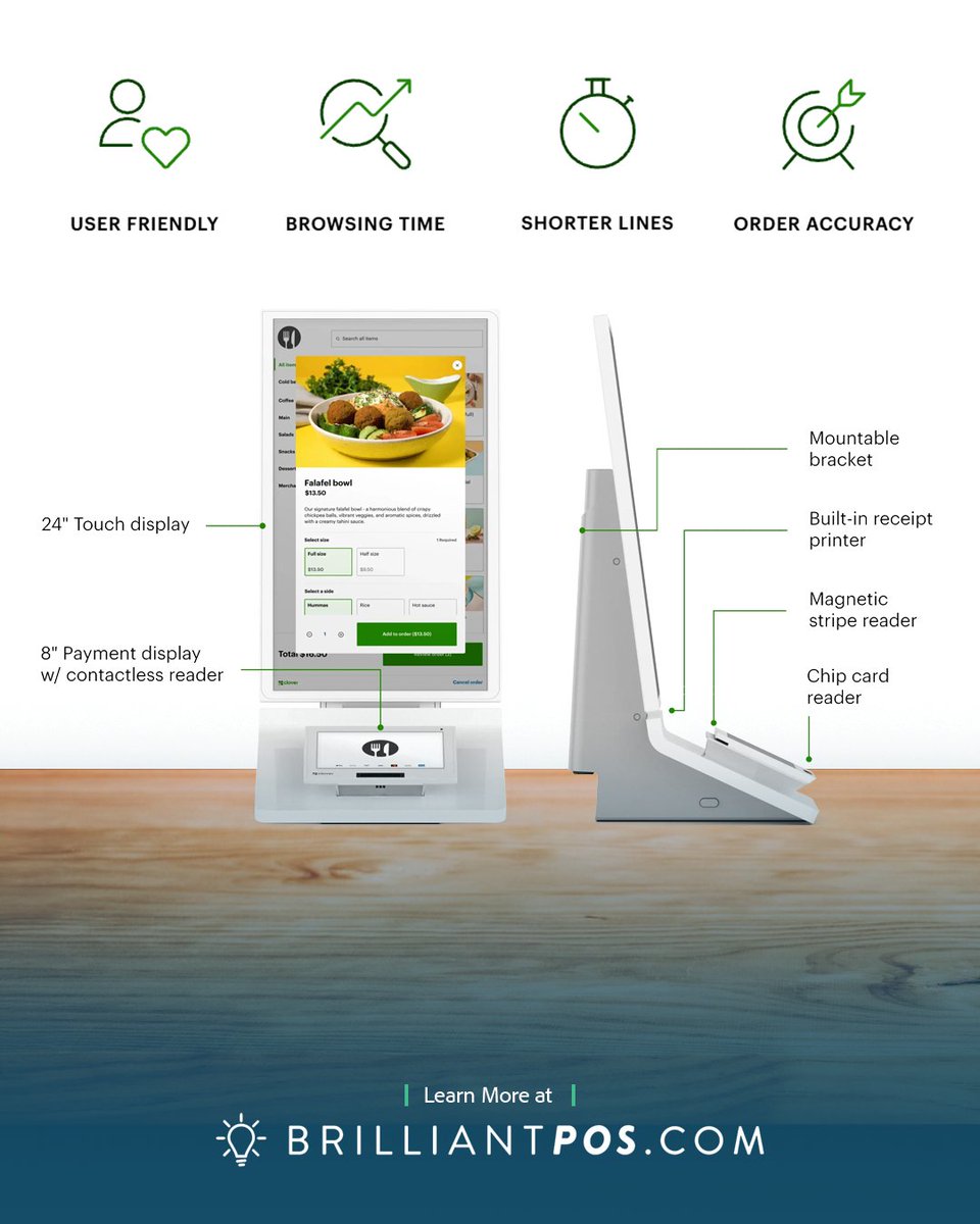 BrilliantPOS's tweet image. Reduce wait times and speed up service with a kiosk your customers will actually love using. ✨

Let guests browse the menu, customize orders, and check out on their own — all while your team stays focused on fulfillment.

#POSSystem #CloverPOS #RestaurantPOS #RestaurantTech