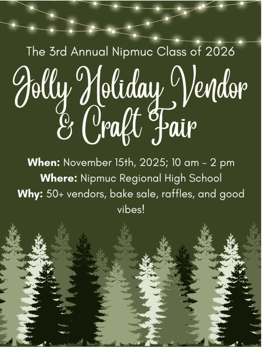 NipmucRegional's tweet image. Join us this Saturday at the Holiday Vendor and Craft Fair.  There will be 50 vendors that will be in attendance, a bake sale, raffles and more. If you plan to come please bring a non-perishable food item for the food drive to help families in need. #nipmucpride