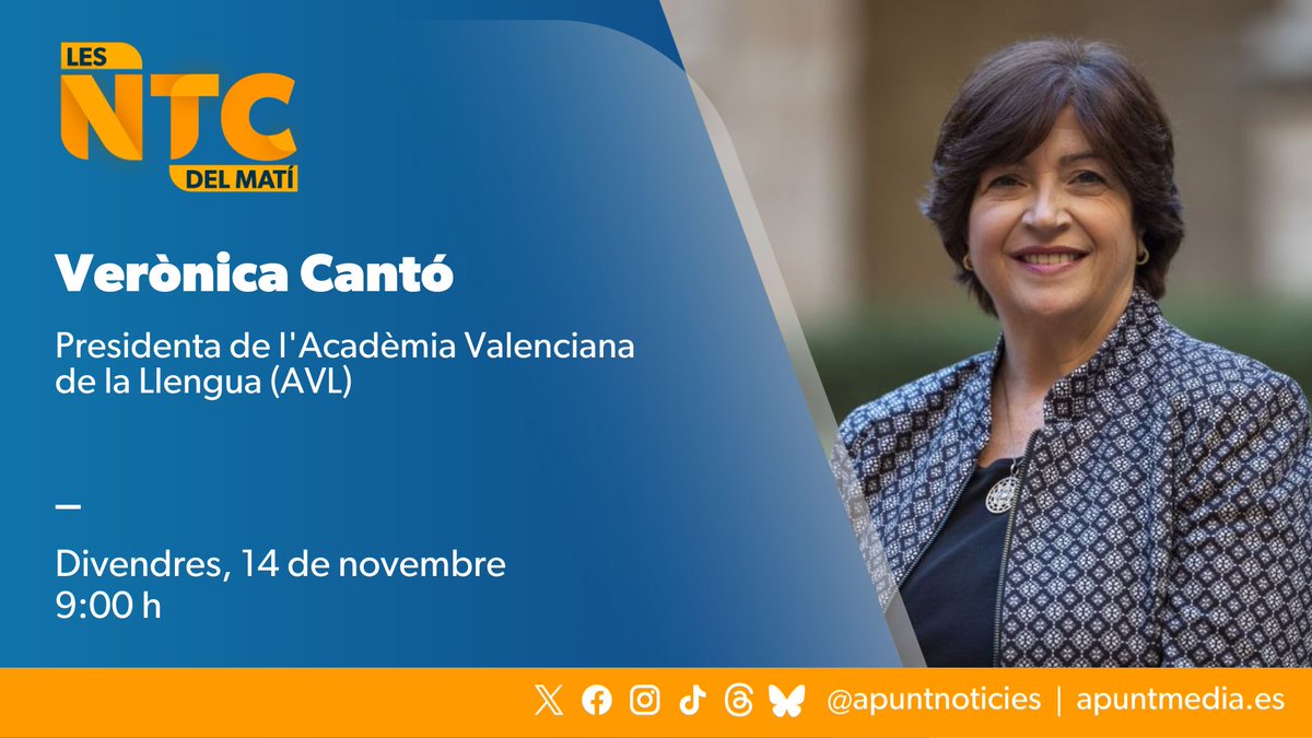 NTCdelMati's tweet image. 📌Demà entrevistem Verònica Cantó (@vercando), presidenta de l'Acadèmia Valenciana de la Llengua (@AVLoficial)

🗣️ Amb Isabel Olmos (@Isaolms) i David Burguera (@Fausto6969) en la tertúlia 

⏰ A les 09:00 h
📻 web.apunt.es/RàdioEnDirecte
📺 web.apunt.es/DirecteTV
