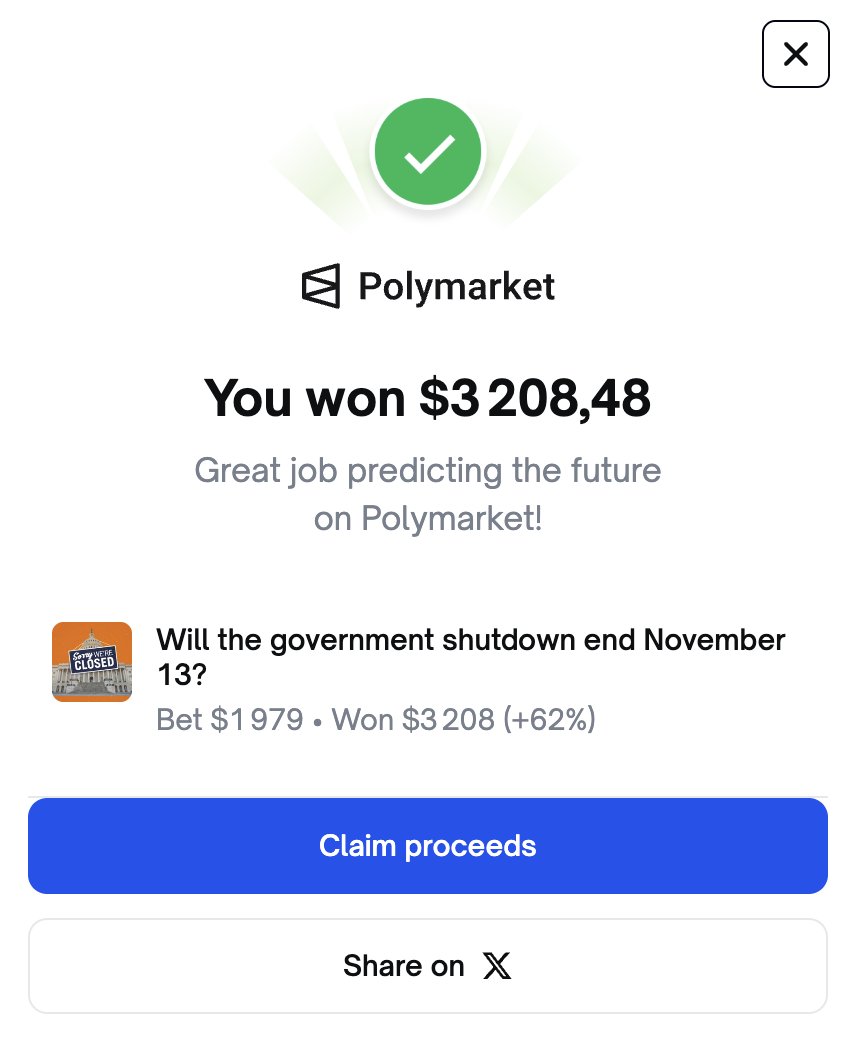 Just Won 3208$ on the Government shutdown !

That's what grifters will say, i just hedged myself on different brackets to avoid being rekt because this bet was a bloodbath for experienced betters.

Cashed in in reality 1%=32$ after all the hedging.

This bet on Polymarket just