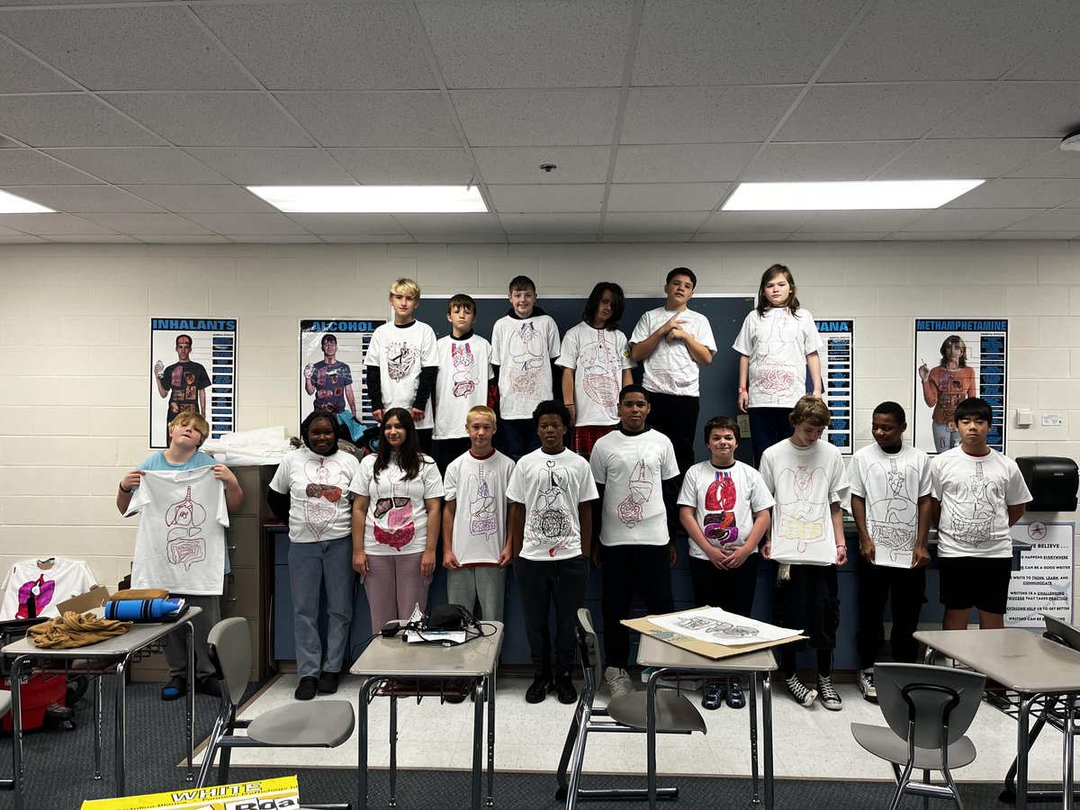 The students in Jason Powers' health classes at Alliance Middle School completed a body systems t-shirt project! They learned about their organs by drawing them on a white t-shirt. This allowed students to see the placement of their organs in a creative way. Way to go! #RepthatA