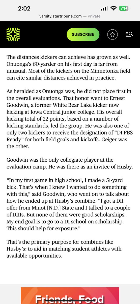 Honored to be mentioned in the <a href="/StarTribune/">The Minnesota Star Tribune</a> after competing at Chris Husby kicking camp. Winning the charting for field goals and the kickoff distance. #JUCOPRODUCT #kicker <a href="/SpecialTeamsFB/">Coach Chris Husby</a>  varsity.startribune.com/high-school-fo…