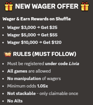 🎉DON’T FORGET ABOUT OUR WAGER EVENT!🎉

Earn $$$ while wagering under my code🤑

1⃣Create an account using my code:
shuffle.com/?r=livia
2⃣Join my Discord!
discord.gg/BQUb8Sew
3⃣Start wagering!

All rules are included here👇