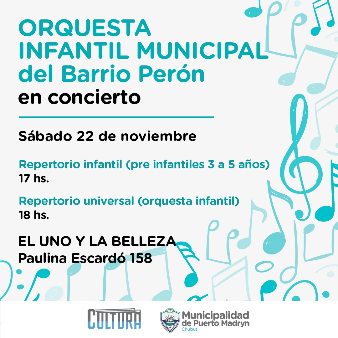 #MADRYN LA ORQUESTA INFANTIL DEL BARRIO PERÓN DESPIDE EL AÑO CON UN CONCIERTO ESPECIAL  🎵

La Subsecretaría de Cultura invita a acompañar el cierre anual de la Orquesta Infantil Municipal del barrio Perón

📅 22 de noviembre – 17 y 18 horas.
📍 El Uno y la Belleza