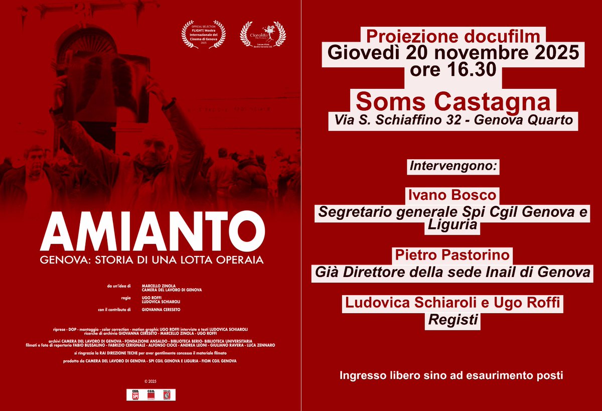 Continua il tour del docufilm "Amianto. Genova:storia di una lotta operaia" il 20 novembre alle 16:30 alla Società di Mutuo Soccorso della castagna a Genova Quarto.
Per saperne di più: ludovicaschiaroli.it/amianto-genova…