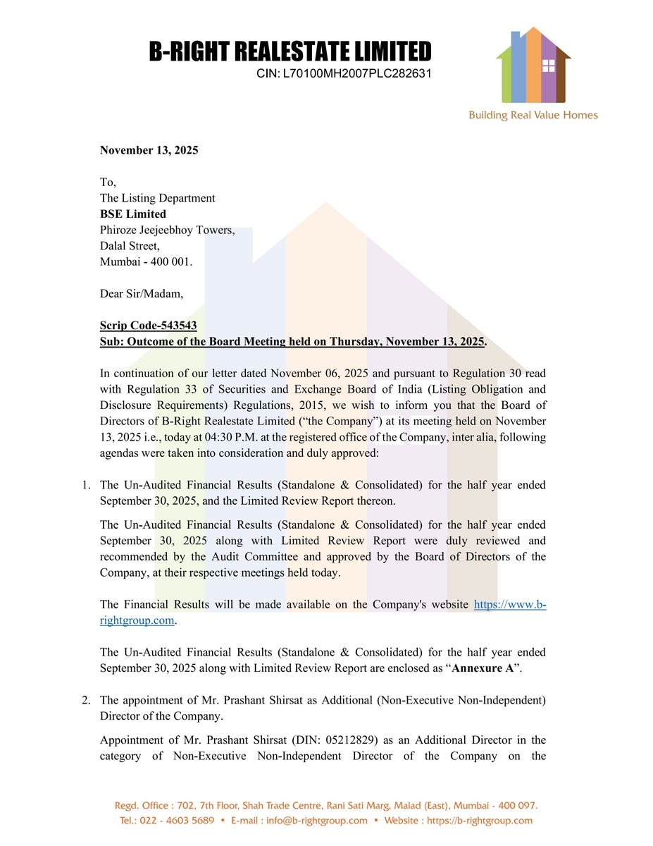 nileshkurhade's tweet photo. 📌 B-Right Realestate Ltd informed the exchange about its approval for the financial results for the period ended September 30, 2025. #SME #BRRL 📄🧾 https://t.co/jcHlBmIvY5
