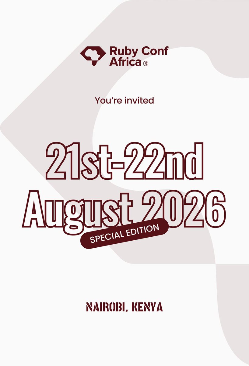 NairubyKE's tweet image. Ladies and Gentlemen… WE HAVE A DATE!🎉🎊

📅 RubyConf Africa 2026 is happening 21–22 August!

This is a special edition you’re not ready for! 🔥💎

#rubyconfafrica2026 #RubyAfrica #africanruby #nairuby #TechEvents #rails #ruby