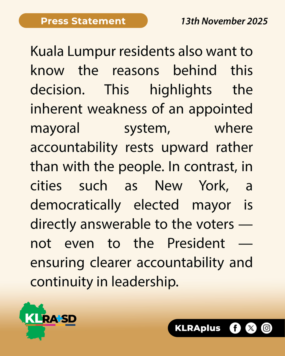 KLRAplus's tweet photo. @MaimunahSharif KL residents deserve to know why she’s being reassigned. This exposes the weakness of having an appointed mayor — one answerable upward, not to the people. In contrast, cities like New York elect their mayors, ensuring accountability and continuity in leadership. https://t.co/AV4A9LnQP6
