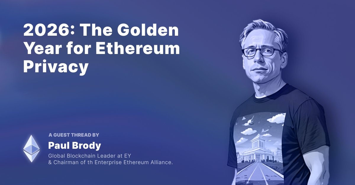 ethereum's tweet image. 0/ I believe that 2026 will be the golden year for Ethereum privacy.

That&apos;s especially true when it comes to enterprises.

Here’s how the Ethereum ecosystem is leading the way and why that matters for institutions.

A guest thread by @pbrody from @EYnews and @EntEthAlliance.